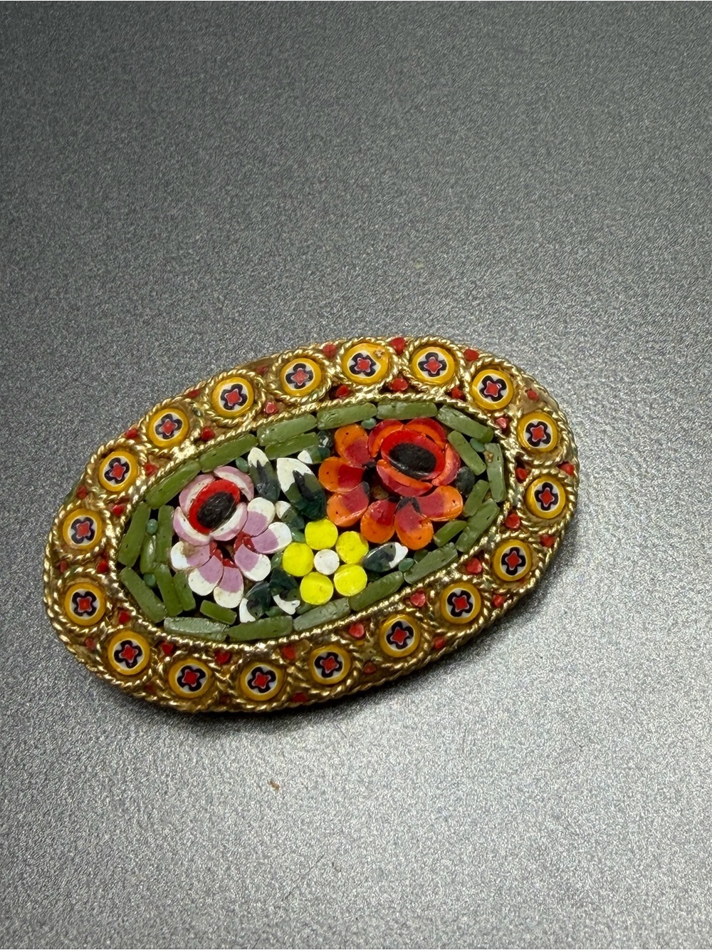 Vintage Floral Micro-Mosaic Oval Brooch in Gold Tone and Olive Green